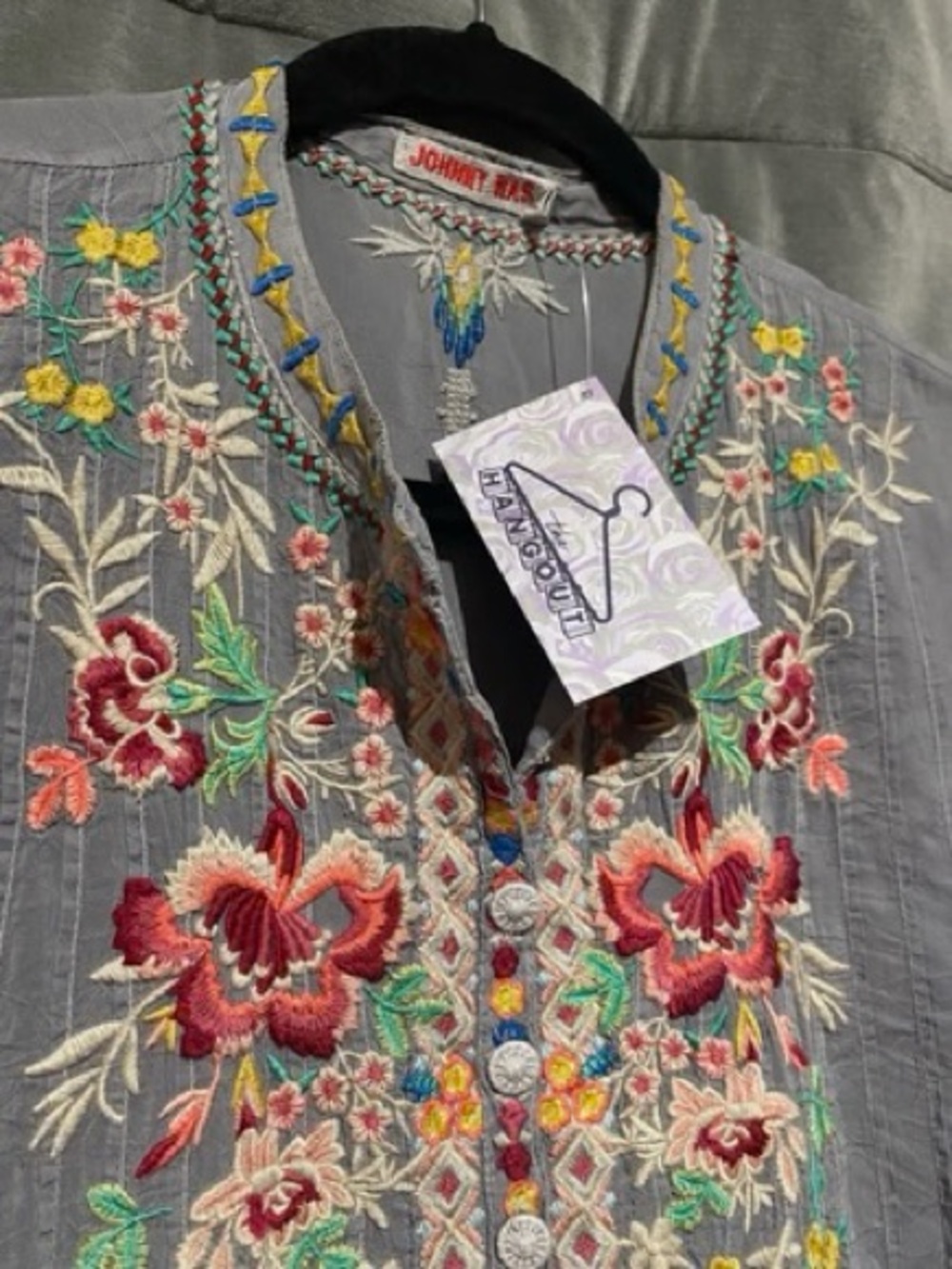 Johnny Was Embroidered Boho Tunic in Gray with Multicolor Floral Stitching - Picture 10 of 10